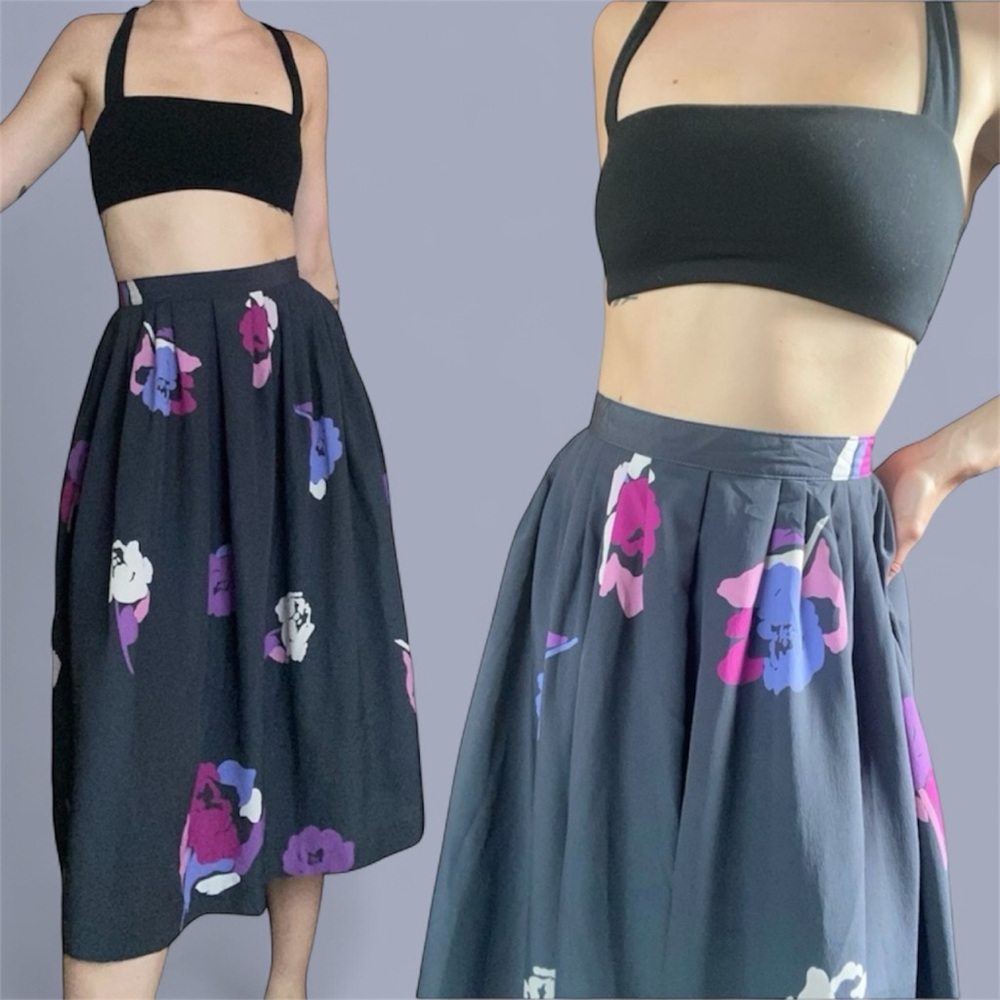 BUY 1 • GET 1 FREE - Vintage navy patterned midi skirt - made in Canada